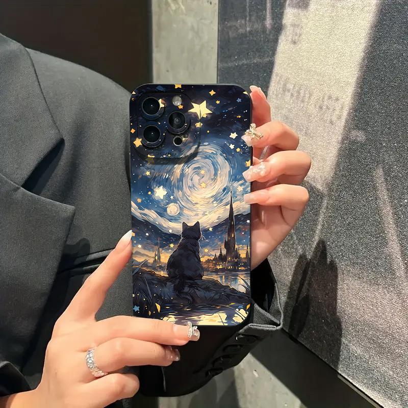 Чехол для телефона с рисунком кота и звездным небом для iPhone 17 16 15 14 13 12 11 Pro Max 16 Plus 16E 17 Air Ударопрочный Мягкий ТПУ Силиконовый Чехол