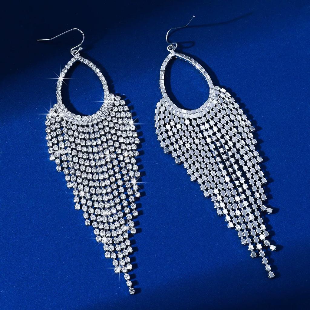 New Korean super flash high-end rhinestone claw chain earrings, atmospheric water drop temperament exaggerated bridal fringed earrings
