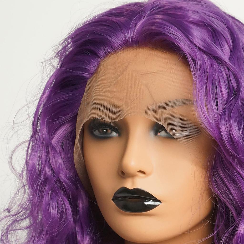 VOCOSTE Heat-Resistant Lace Front Wig, Medium Long, Fluffy Curly Wavy Wig for Girls, Everyday Use, 35.5 cm, Purple