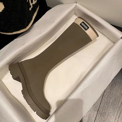 Модные рыцарские сапоги женские осень-зима 2024 новые милитари-зеленые на толстой подошве высокие длинные стройные прямые кожаные сапоги