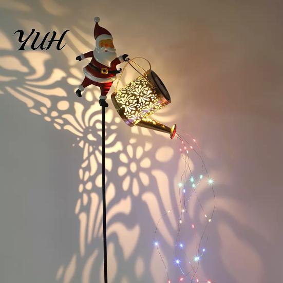 Decorative Flower Bed Stakes Christmas Solar Santa Kettle Light, Solar-Powered Claus Watering Can Stake Lamp Outdoor Fairy Lights for Garden with LED
