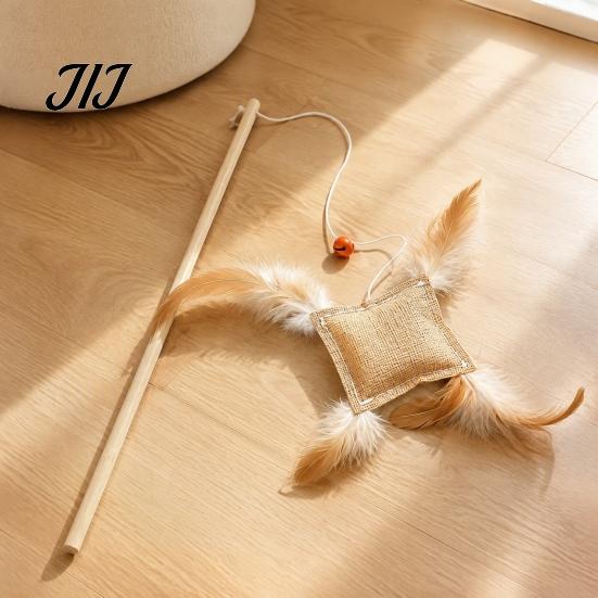 Cat Wand with Long Rope Toy Linen Bag, Interactive Bell, Exercise for Adult Cats Wooden Handle Feather Indoor Scratching Chasing Lure