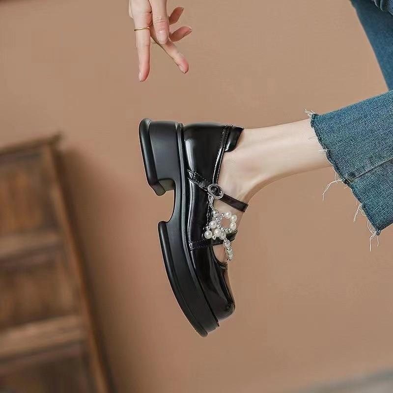 Туфли Мэри Джейн на толстой подошве, женские мокасины в стиле колледжа, туфли с жемчужной цепочкой и сотней, одинарные туфли