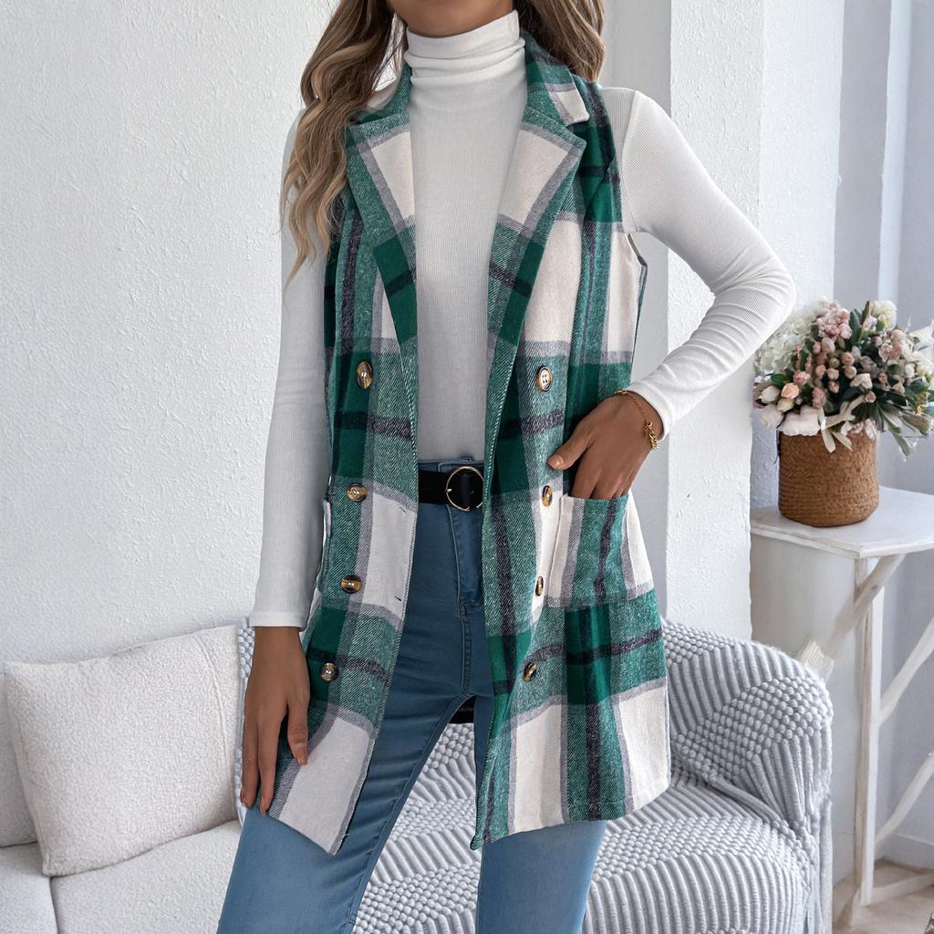 Женское клетчатое двубортное шерстяное пальто с карманами, длинный жилет