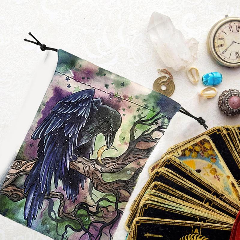 Мешочки-органайзеры на шнурке 5x7 дюймов Мешочки для хранения колоды Таро на шнурке Маленькие многофункциональные мягкие мешочки для ювелирных изделий Ворона Животное