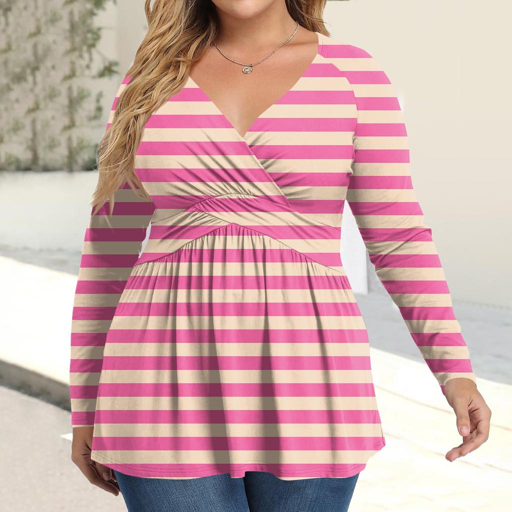 Женская рубашка большого размера с длинным рукавом, принт, плиссированный повседневный топ с V-образным вырезом