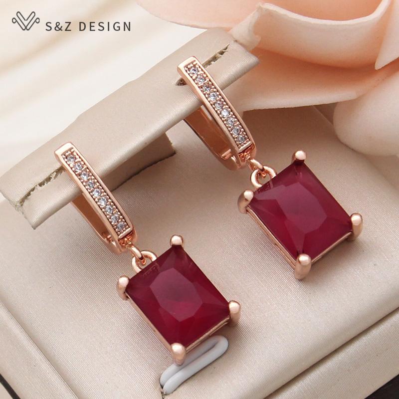 Fashion Cubic Zirconia Rectangle Drop Earrings For Women Elegant Rose Gold Color Jewelry Daily Accessories