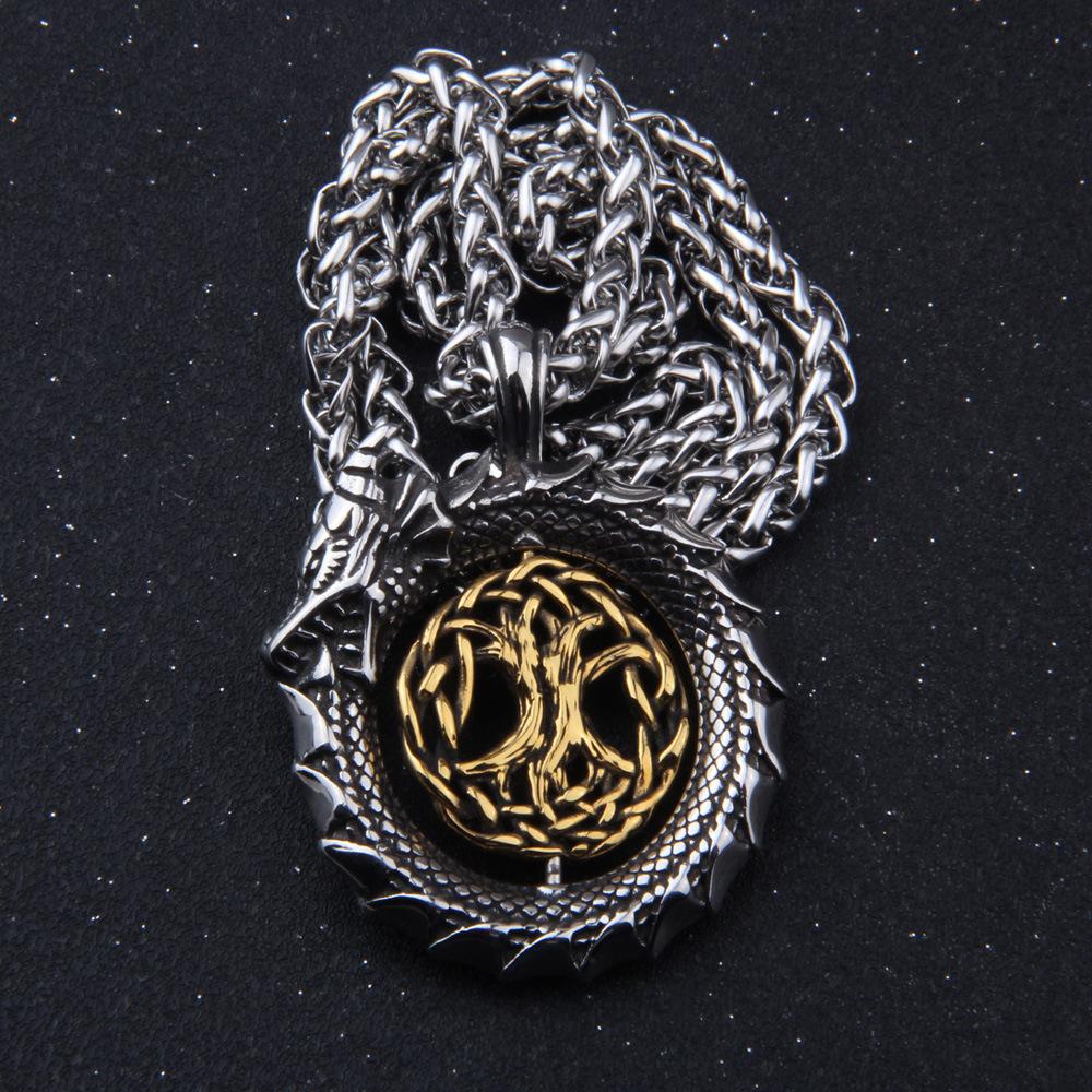 Jormungandr Around Tree of Life Necklace Mens Gold Viking Dragon Tree of Life Pendant Necklace Irish Knot Silver Gift