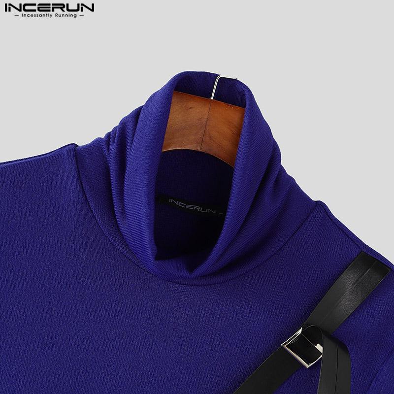 INCERUN Мужская водолазка с коротким рукавом и поясом из искусственной кожи в стиле пэчворк, повседневные облегающие футболки, топы