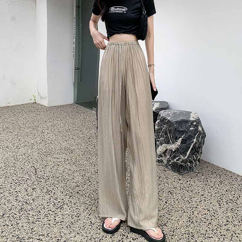 Pleated Ice Silk Wide Leg Pants for Women's Summer High Waisted Draped Cool Pants Straight Tube Loose Casual Pants