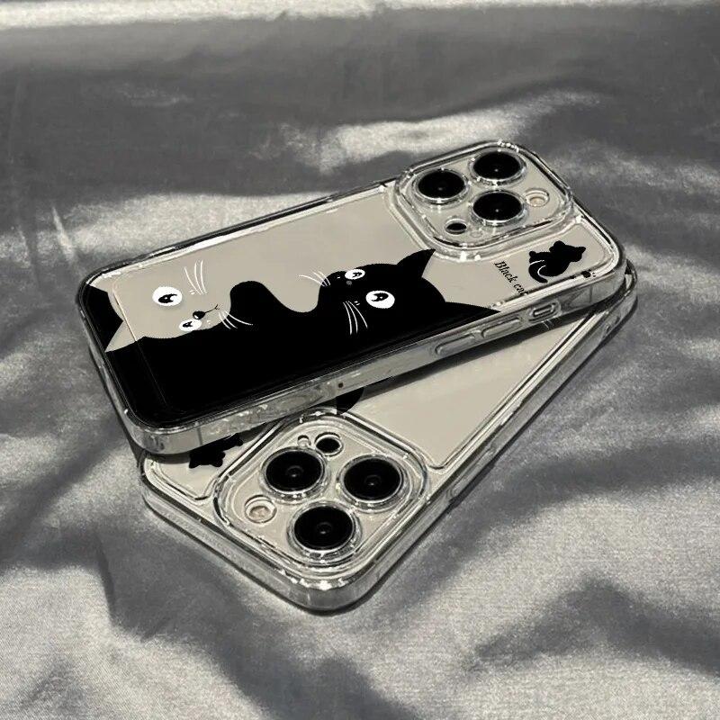 Чехол для телефона с черным котом для iPhone 15 14 Pro Max, чехол для iPhone 11 12 13 Pro Max XR X XS 7 8 14 15 Plus SE, силиконовый чехол с милым мультяшным рисунком