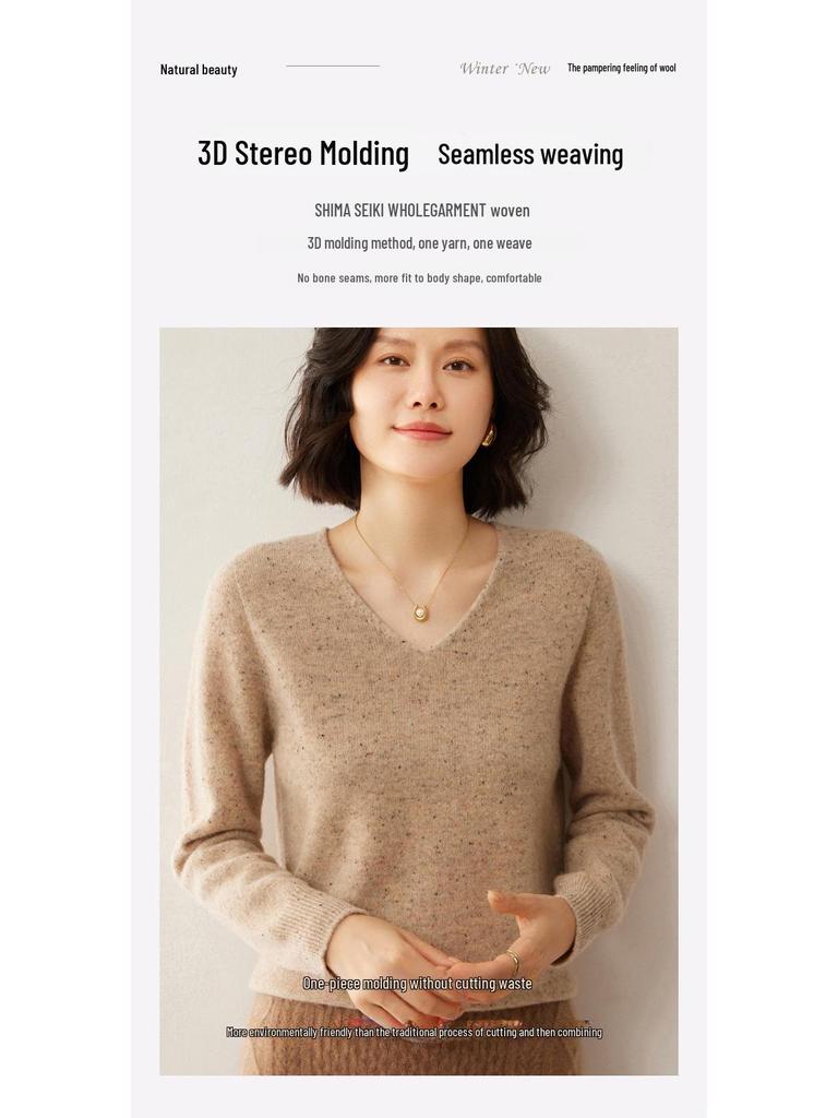 Новый роскошный свитер из 100% чистой шерсти с цветочным узором - женский корейский с V-образным вырезом, плотная и свободная вязка