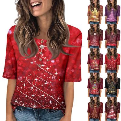 Рубашки для женщин модные с круглым вырезом на пуговицах футболки с принтом блузка с рукавом до локтя топы для женщин
