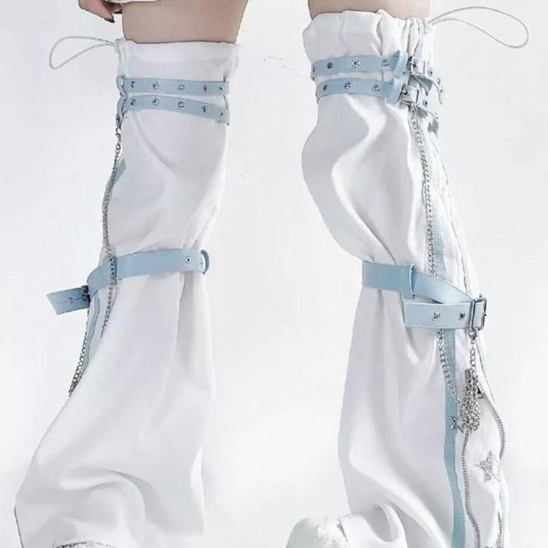 Women Harajuku Star Print Zippered Flared Leg Warmer Aesthetic Fashion Punk PU Harness Strap Leg Cover Thigh High Socks