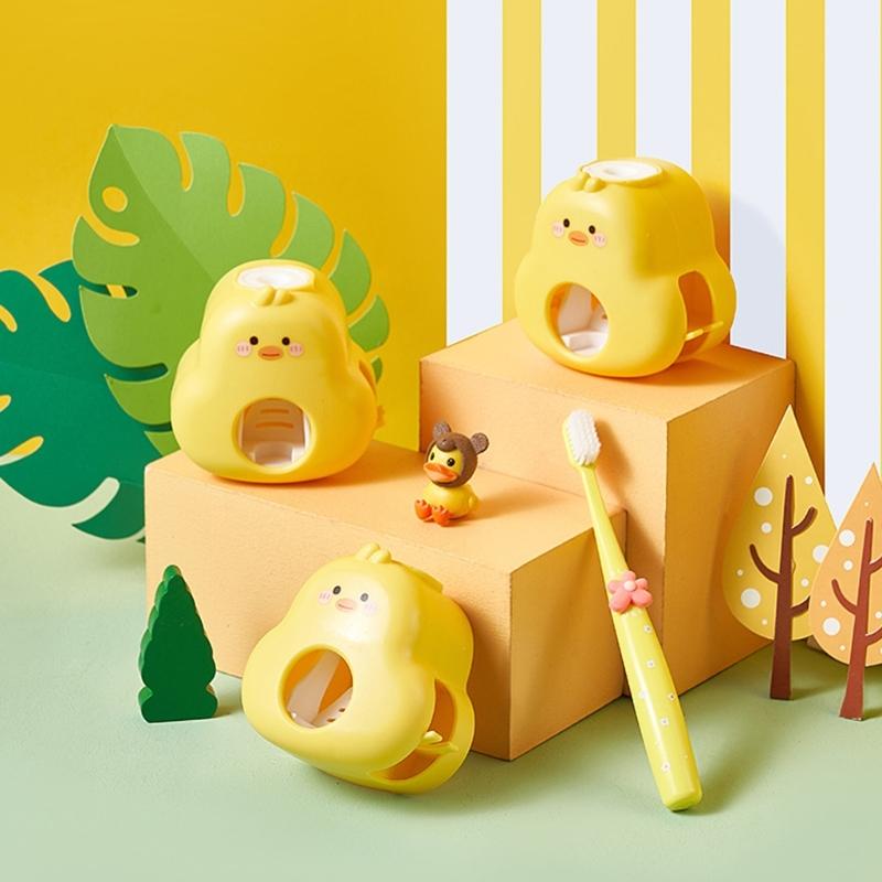 Automatic Press Toothpaste Dispenser Wall Mounted Cute Duck Design Space Saving Bathroom Tool Toothbrush Holder Rack