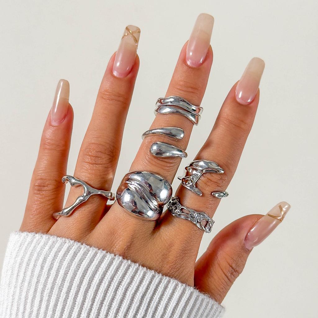 European and American Style Geometric Irregular Fashion Ring Set, Personalized Design, Imitation Pearl Layered Ring Ring