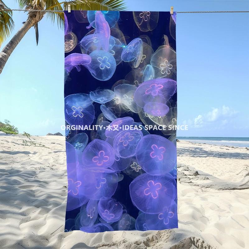 Glowing Jellyfish Print Beach Towel Patterned Sunscreen And Windproof Suitable For Swimming Pool Camping Travel