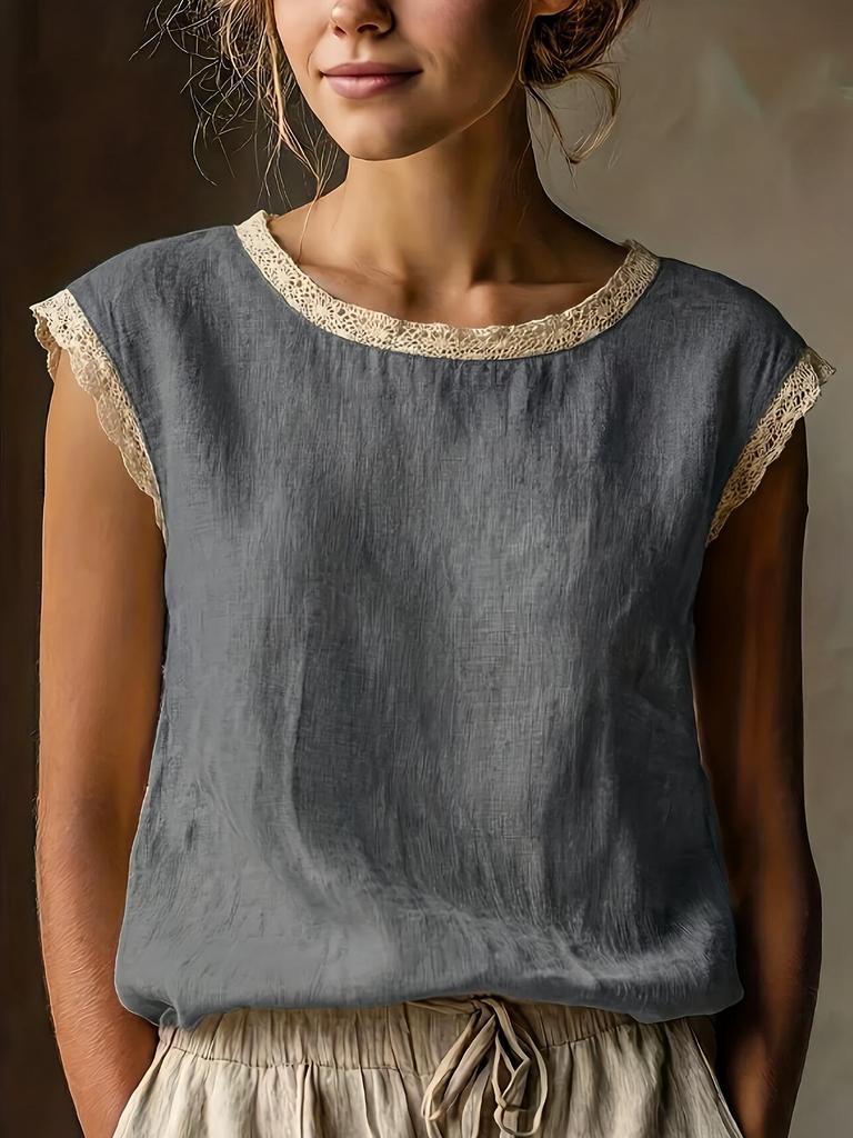 Женская ретро свободная льняная рубашка без рукавов с кружевной аппликацией 2026