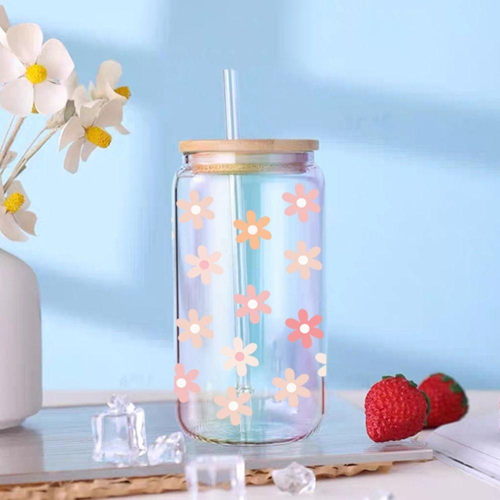 Rub on Cup Wraps Flower Printed Transfer Cup Stickers 3D UV DTF Transfers Stickers  16OZ Glass Cups