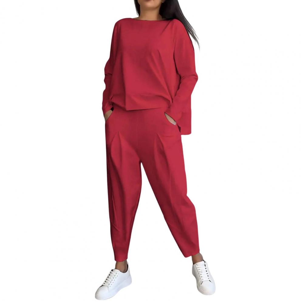 Spring Summer Autumn Suit Elegant Women's Top Pants Set with Long Sleeves O Neck T-shirt Elastic Waist for Fall for Office