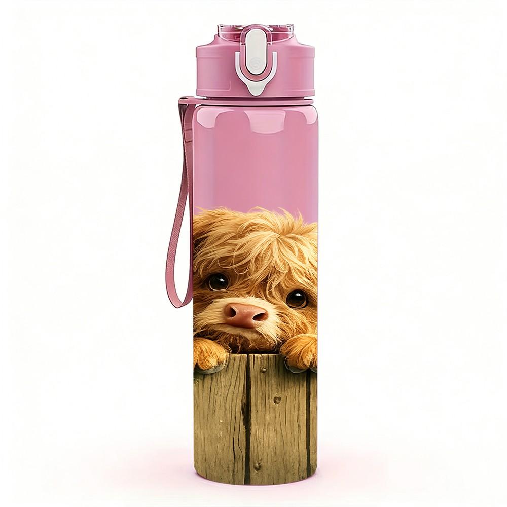 1PC Highland Cow Cute Farm Animal Print 750ml Color Plastic Sports Water Bottle Leakproof Flip Straw Lid Suitable for Sports Office Home Use