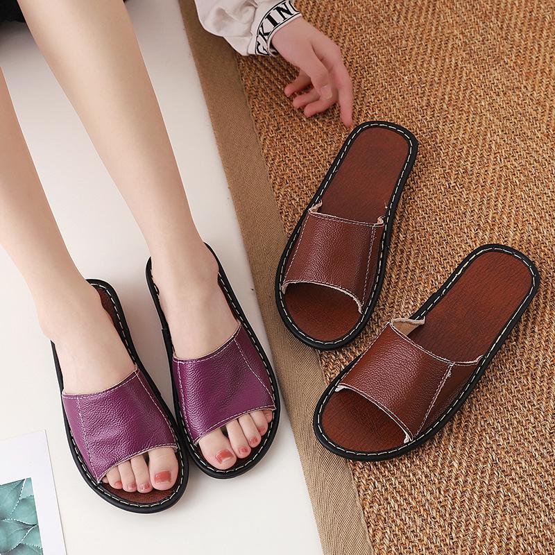 Модные женские кожаные тапочки в стиле ретро с мягкой подошвой и противоскользящим покрытием