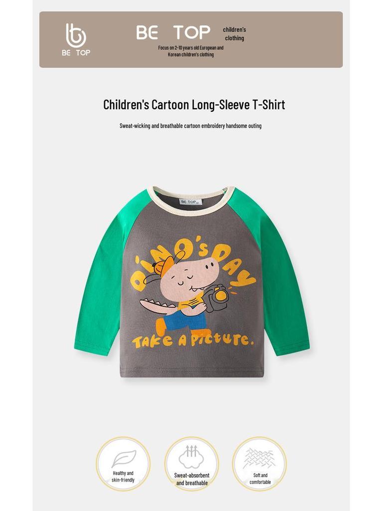 Топ для мальчиков в корейском стиле из хлопка - С мультяшным принтом, с длинным рукавом, идеально подходит для весны и осени