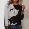 Tops For Spring&Autumn Letter Cat Print Round Neck Long Sleeve T-shirt Fall Casual Slim Pullover Women's Long Sleeve Top
