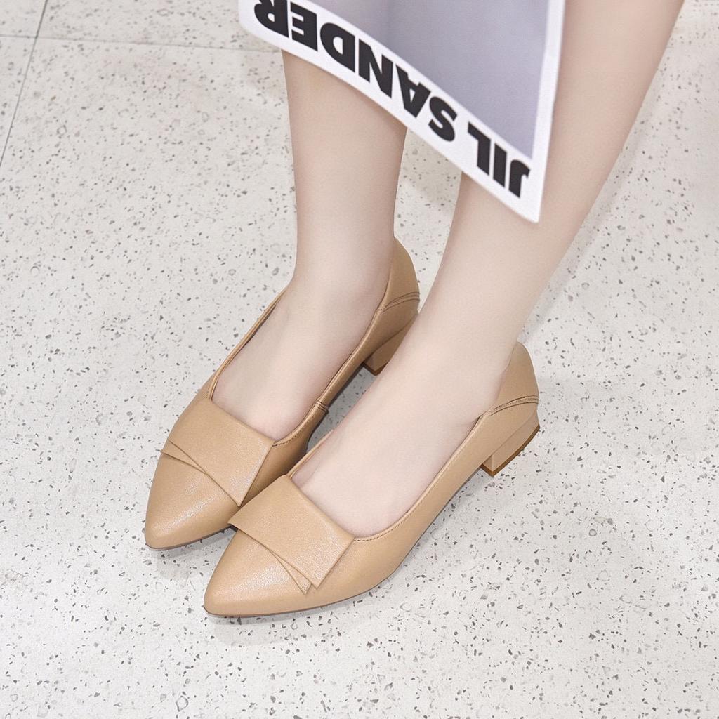 Fashion Genuine Leather Pointed Low-Heeled Women's Shoes Comfortable Work Shoes Simple Elegant Mary Janes Square Heel All-season Shoes