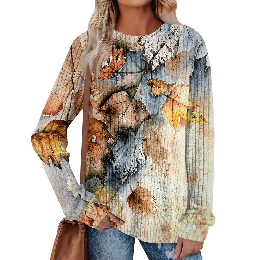 Women's Winter Color-Block Printed Lightweight Brushed-Cotton Round Neck Top