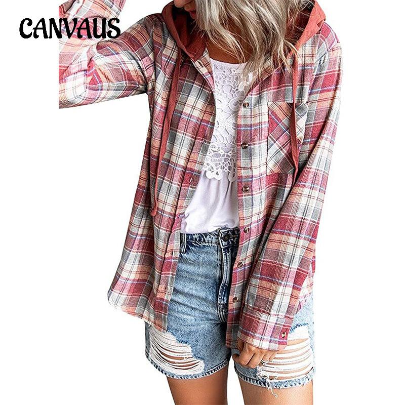 Весенне-осенняя женская рубашка, модная повседневная рубашка в клетку с капюшоном и цветными блоками