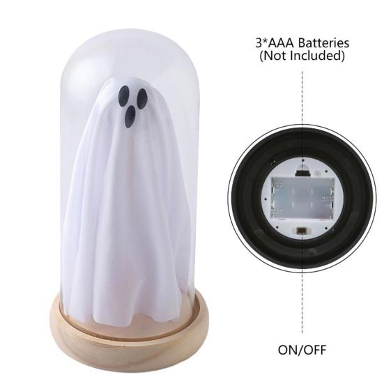 Хэллоуин Призрак Декор Светящийся Призрак в Стеклянном Колпаке с Деревянным Основанием Милый Призрак Ночник Украшение для Стола Полки Камина Комнатный Декор