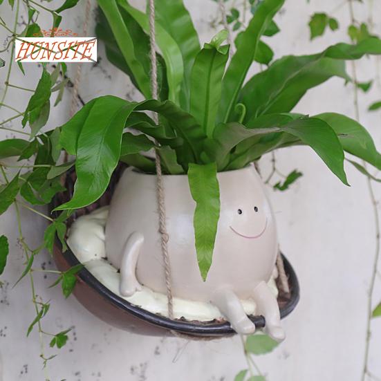 Подвесной цветочный горшок с милой улыбкой на лице, цветочный горшок из смолы для декора сада
