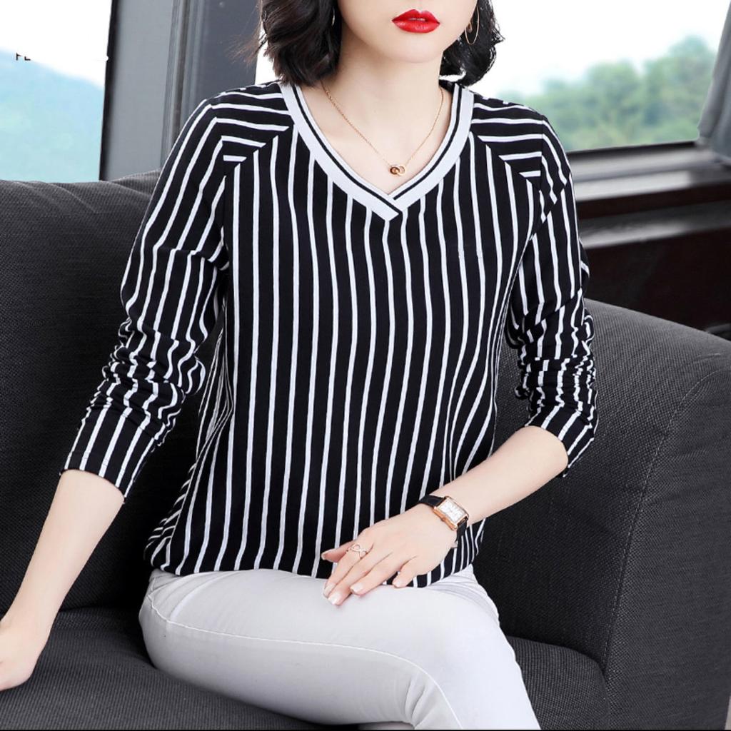 Autumn Winter New Slim Long Sleeve Top V-Neck Striped T-shirt Women's Loose Versatile Bottoming Shirt M-5XL