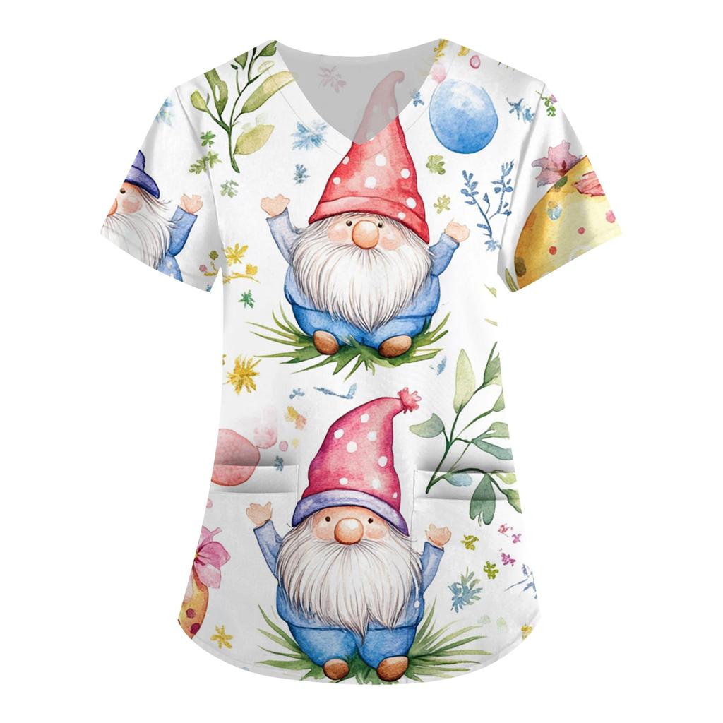 Женская модная рабочая одежда с V-образным вырезом и короткими рукавами, с карманами, с принтом в виде пасхального топа, одежда для ухода