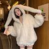 Rabbit Ears Cute Lamb Hair White Hooded Coat Women Clothing Winter Loose and Thick Soft Fury Jacket Women Winter Cloth