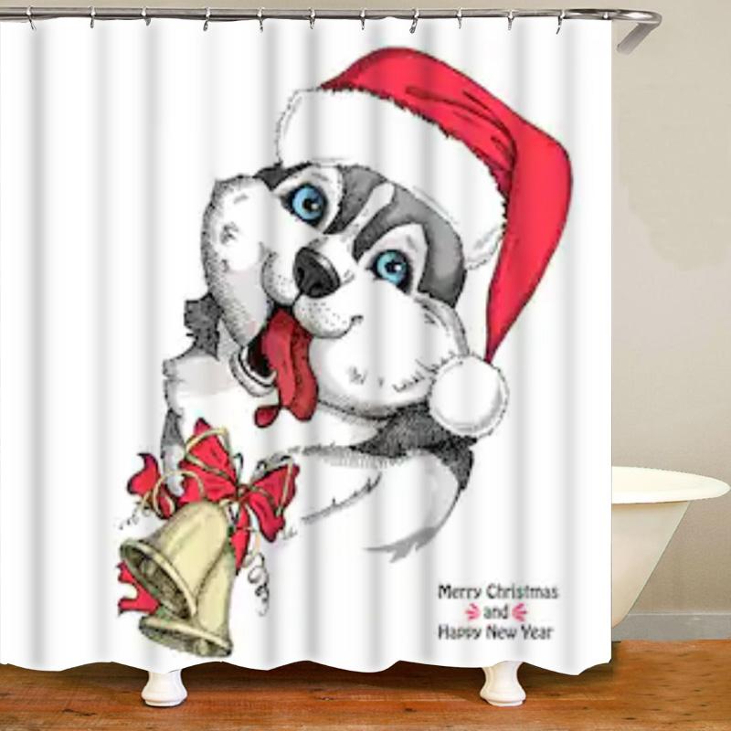 Cute Siberian Husky Shower Curtain Christmas Shower Curtain Set Husky Dog Puppy Bathroom Curtain Pet Dogs Christmas Home Decor