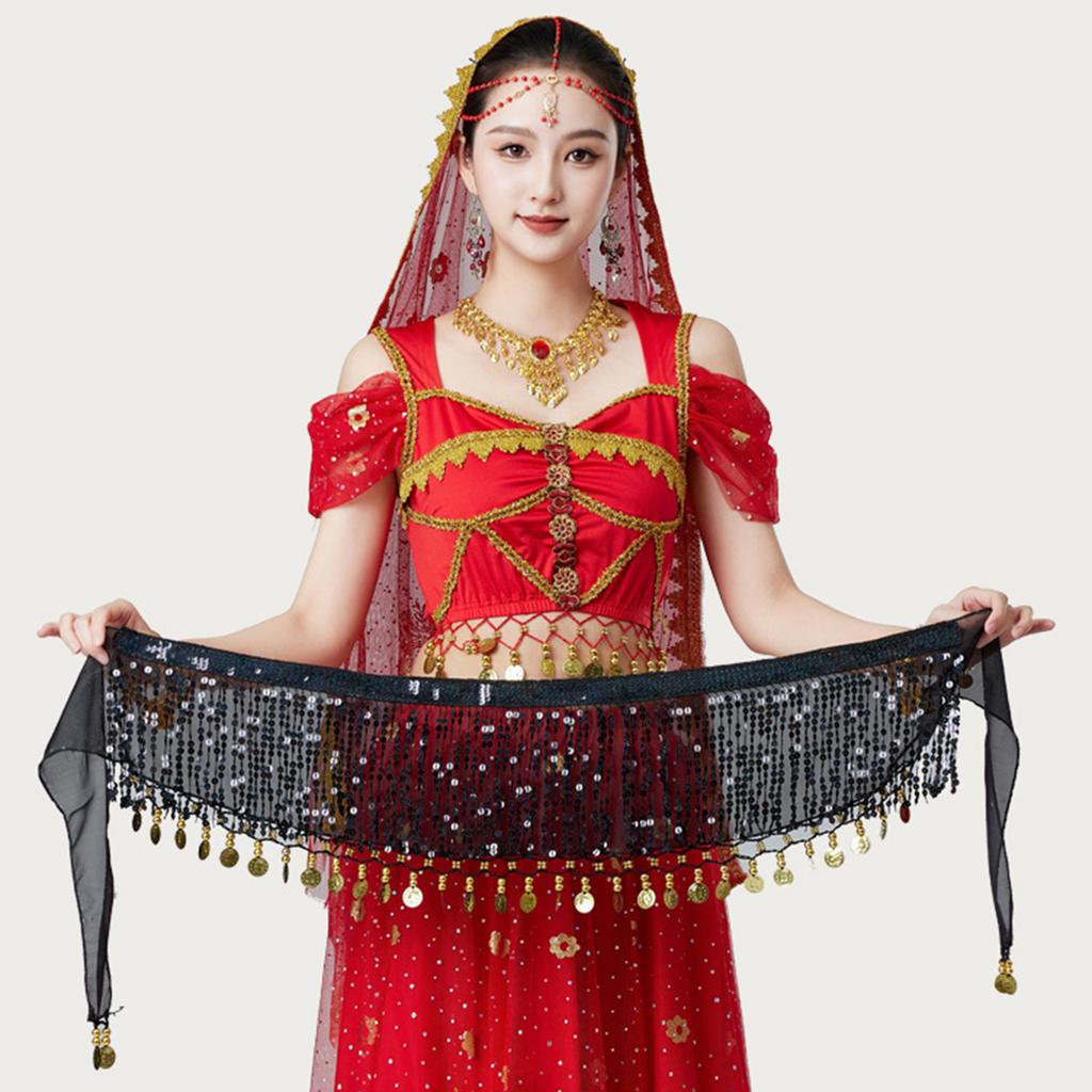 Women's High Waisted Sexy Sequined Half Skirt Waist Accessories Sequined Belly Dance Waist Scarf