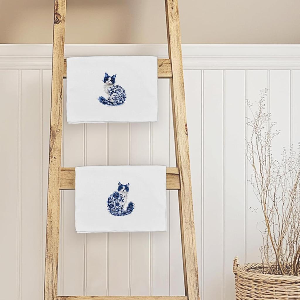 Flower Cat Kitchen Towels Set of 2, Floral Cats Mom Towels for Cat Lovers Women Girls Dish Hand Tea Towel, Cute Light Blue and White Chinoiserie
