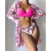 Women Floral Print Bikinis Set Sexy Three Piece Beach Cover Up Push Up Summer Long Sleeve Twist Swimwear Bathing Suit