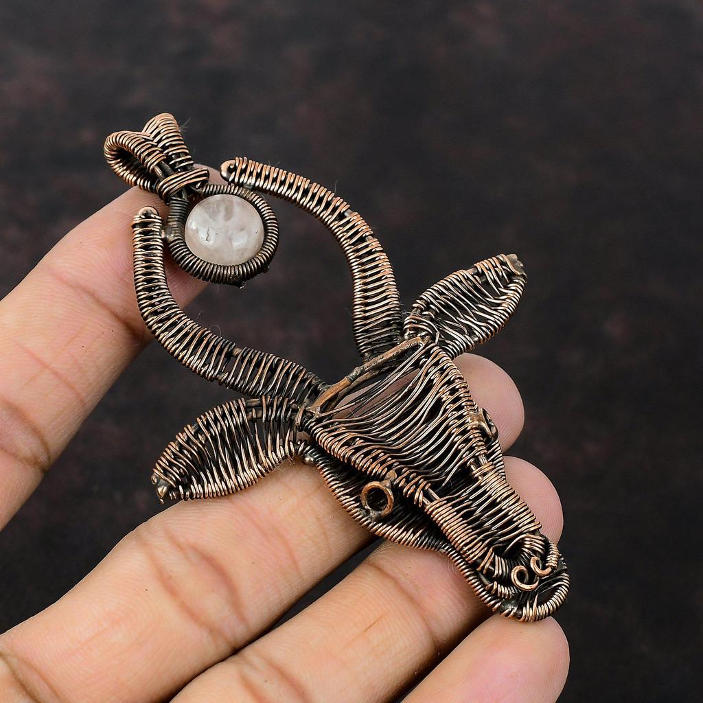 Подвеска из розового кварца, подвеска из медной проволоки, подвеска из настоящего драгоценного камня, ювелирное изделие в виде головы быка, кулон ручной работы, подарок для него, уникальное медное украшение