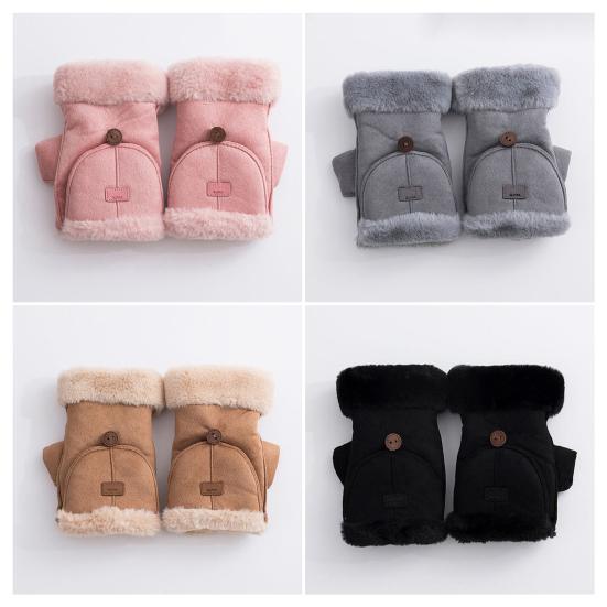 Women Winter Suede Gloves Thickened Convertible Fingerless Mittens Fleece-lined Warm Gloves with Fluffy Cuffs for Outdoor Cycling Hiking