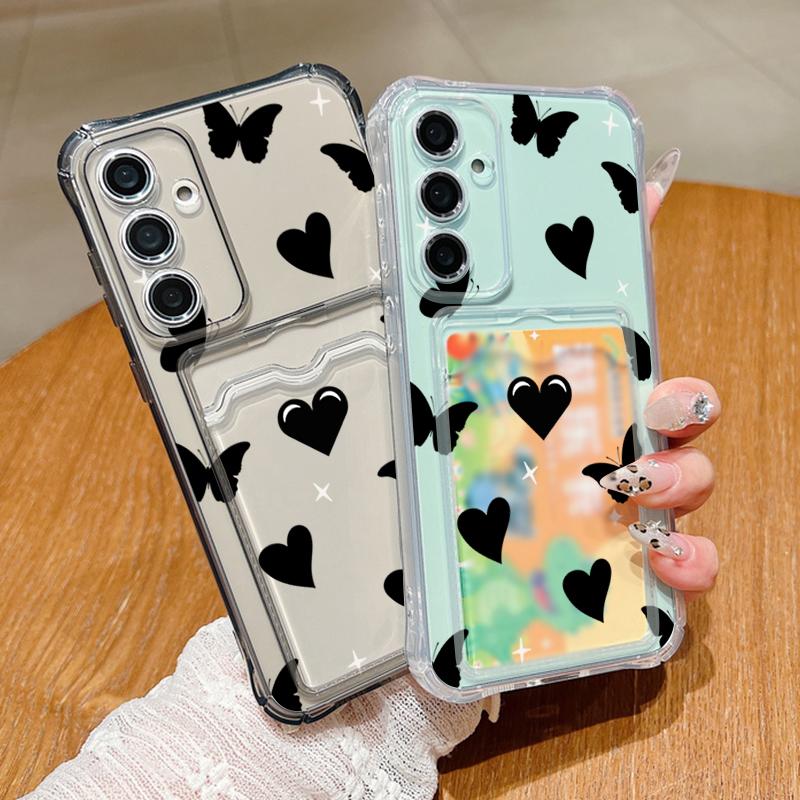 Прозрачный тонкий чехол с принтом в виде сердечек и бабочек для карт памяти для Samsung S24 FE S23 Ultra S22 A16 A55 A15 A54 A35 A14, противоударный мягкий силиконовый чехол для телефона