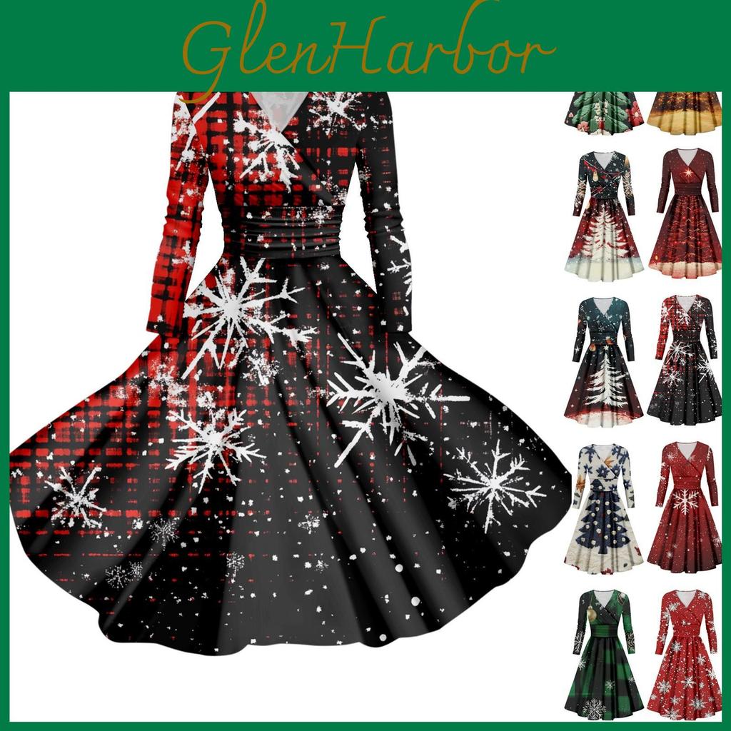 Tree Christmas Womens Snowflake Print Vneck Slim Fit Long Sleeve Swing Dress