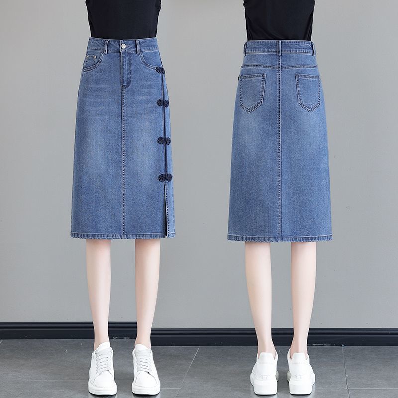 Юбка из денима в китайском стиле с разрезом на высокой талии и летней юбкой средней длины