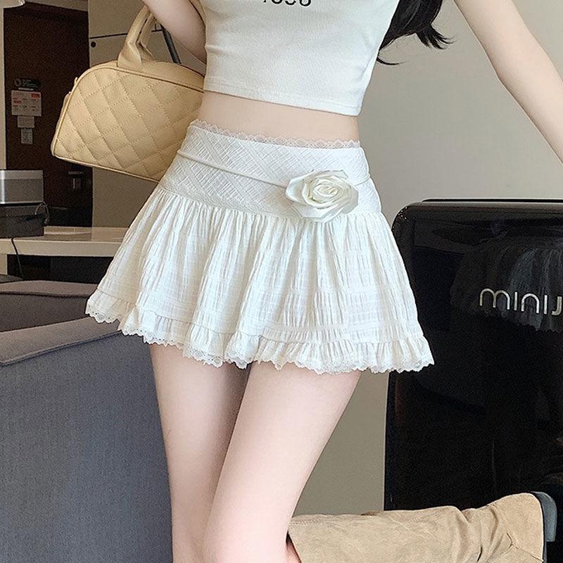 Sweet Elegant Loose Lace Short Skirt Women France Solid High Waist Ruffle Mini Skirts Female Summer Thin Lace Up Skirt