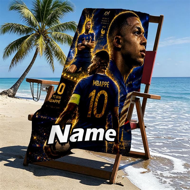 Custom Name Personalized Kylian Mbappe Print Beach Towel, for Trip Camping Beach Party Home Decor, Birthday Gift for Family & Friends
