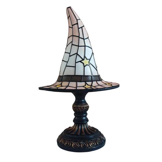 Nostalgie Stained Glass Witch Hat Lamp, USB Powered Night Light for Bedroom Shelf Decor, Halloween Warm Glow Gothic Table Lamp Home Office