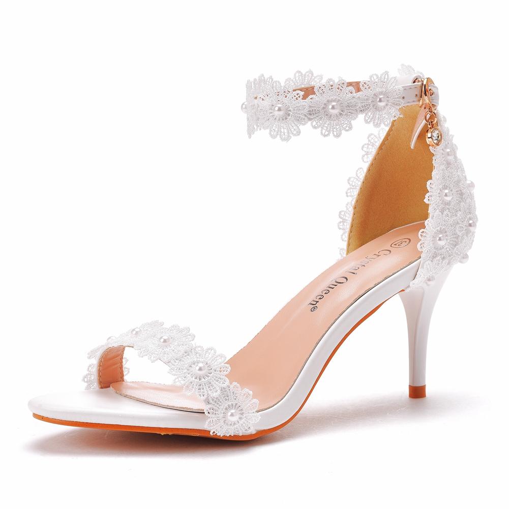 Crystal Queen Women Pearl Lace Wedding Shoes Thin High Heels White Bridal Sandals Summer Strap Ankle Sexy Party Dress