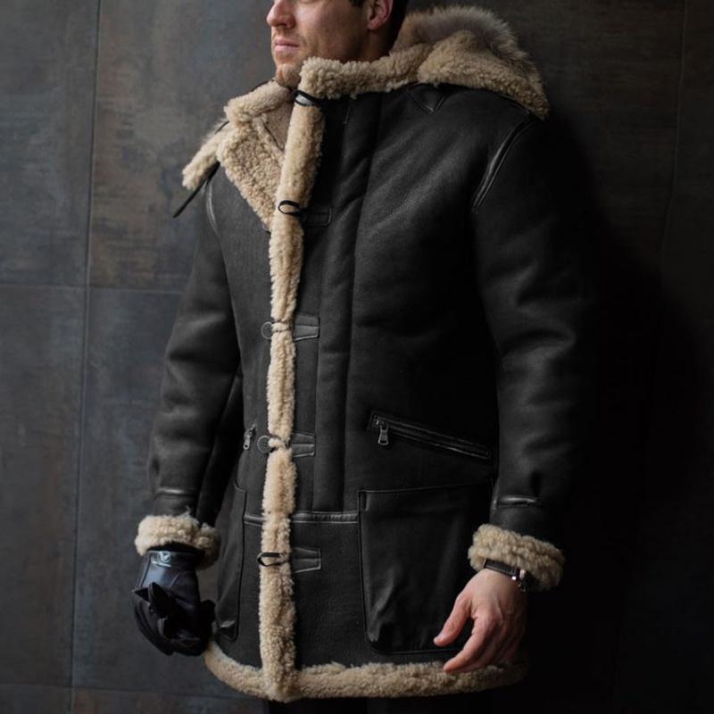 Men's Jacket Long Style Flight Jacket Double Collar Leather Jacket Sheepskin Aviator Fur Coat